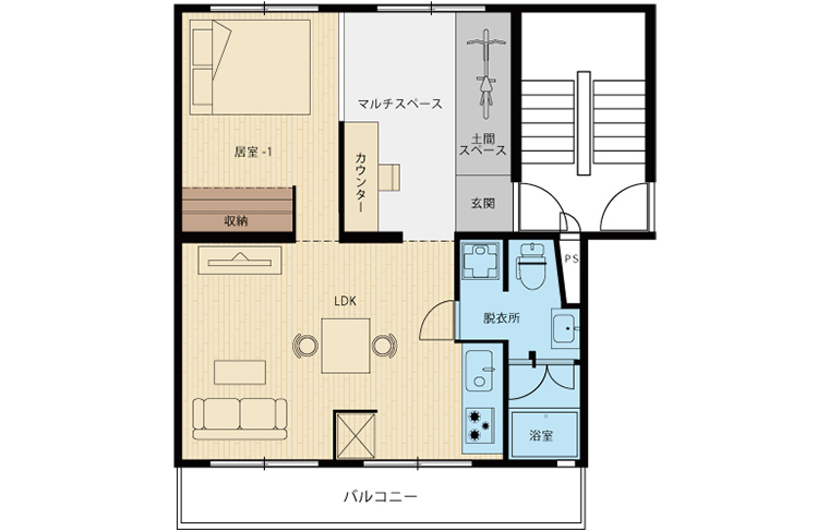 リノベ45「無垢床が気持ち良い広々リビングのある家」間取図