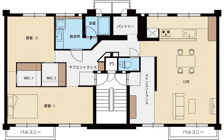 ニコイチ「ママが主役。充実のキッチン空間がある家」間取図